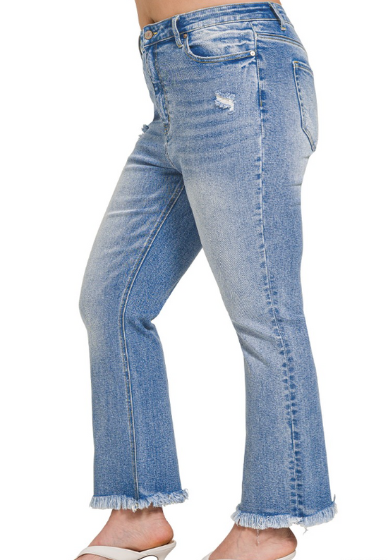 Zenana Plus High Rise Straight Raw Hem Cropped Denim