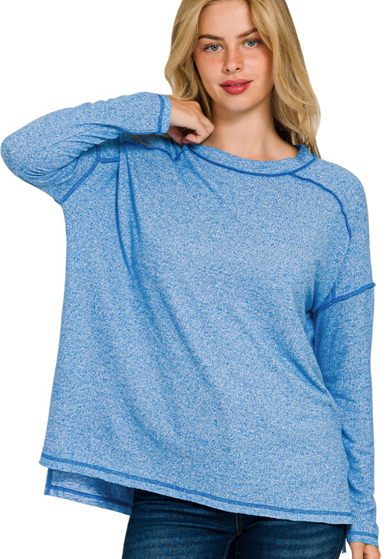 Zenana Soft Melange Hacci Exposed Seam Hi-low Tee