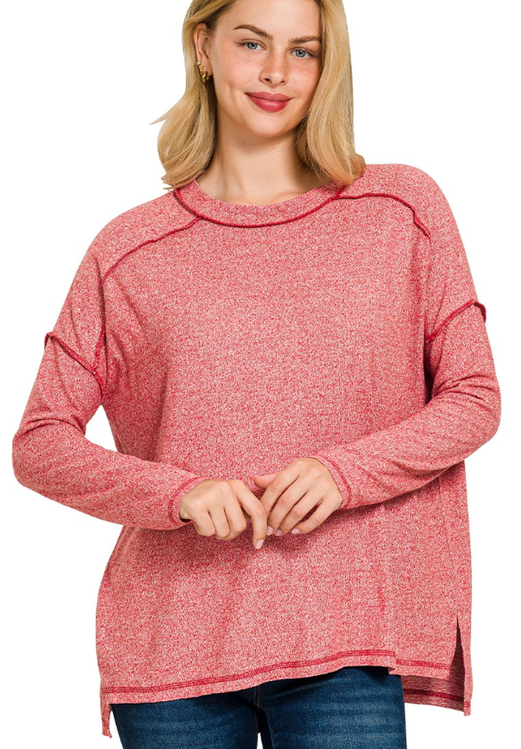 Zenana Soft Melange Hacci Exposed Seam Hi-low Tee