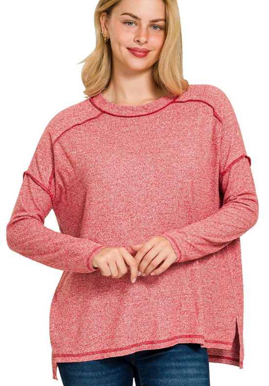 Zenana Soft Melange Hacci Exposed Seam Hi-low Tee