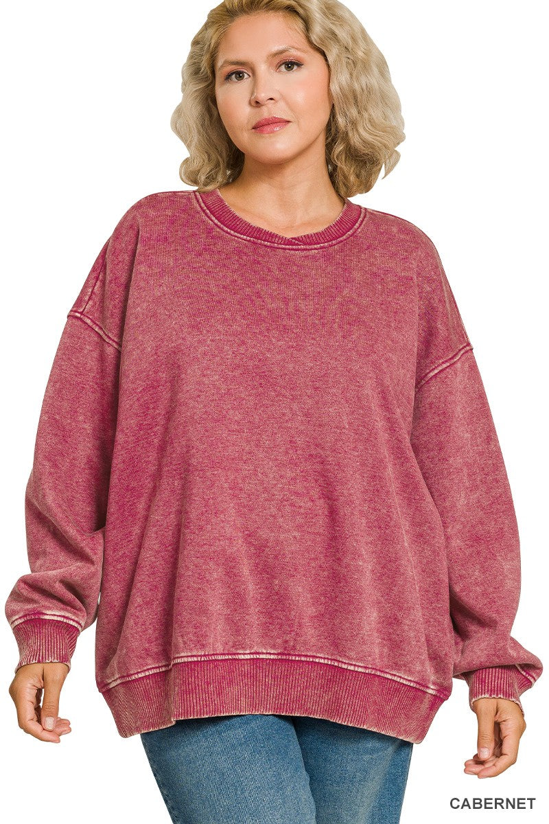 Zenana Acid Wash Oversized Fleece Pullover