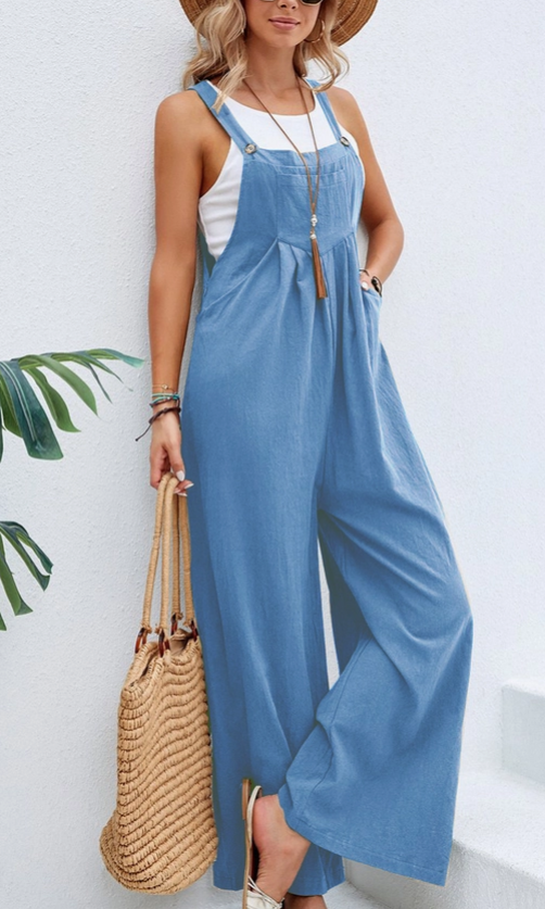 Solid Color Botton Strape Overalls Daily Jumpsuit