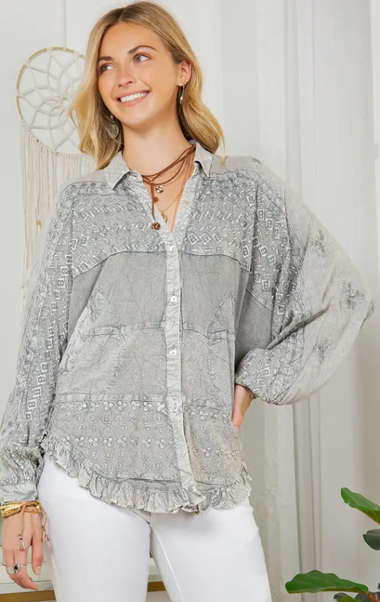 Bohemian Stonewashed Rayon Bat Sleeves Top with Shirt Collar