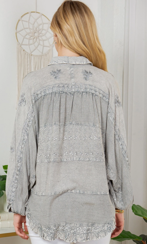 Bohemian Stonewashed Rayon Bat Sleeves Top with Shirt Collar