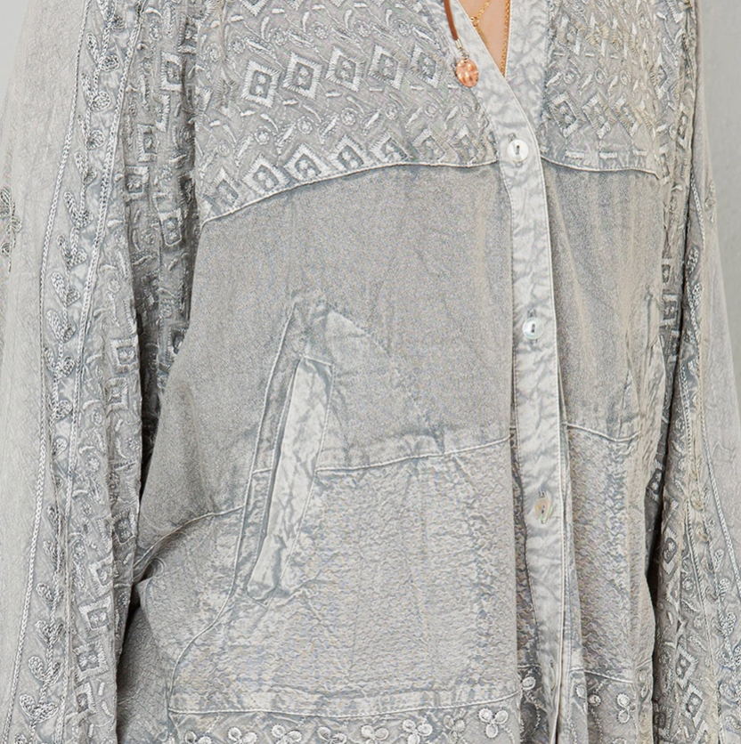 Bohemian Stonewashed Rayon Bat Sleeves Top with Shirt Collar