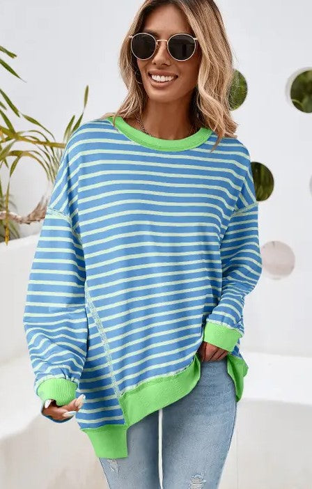 Stripe Contrast Trim Oversized Pullover Sweatshirt