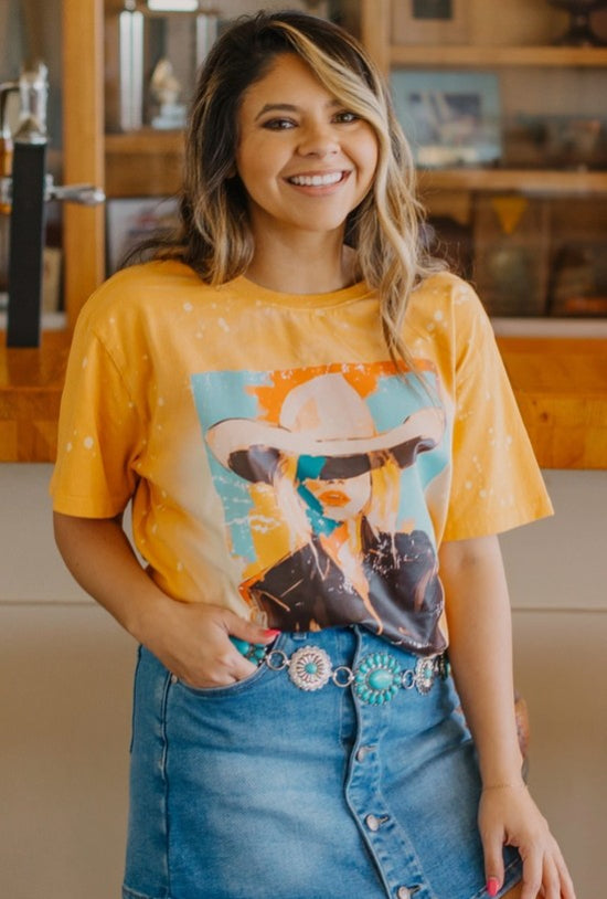 Cowgirl Art On Mustard Splatter Tee