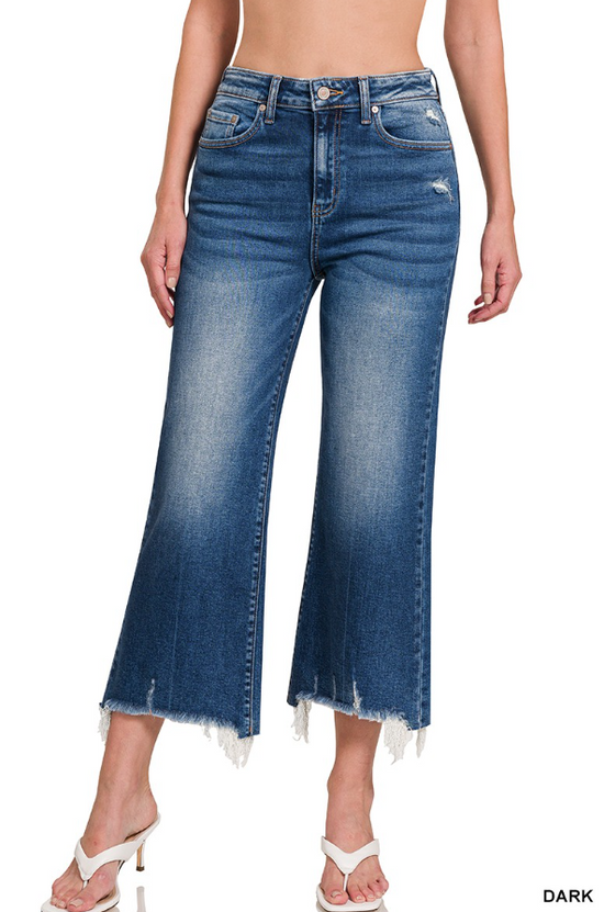 Zenana MID RISE STRAIGHT RAW HEM DARK DEMIN PANTS