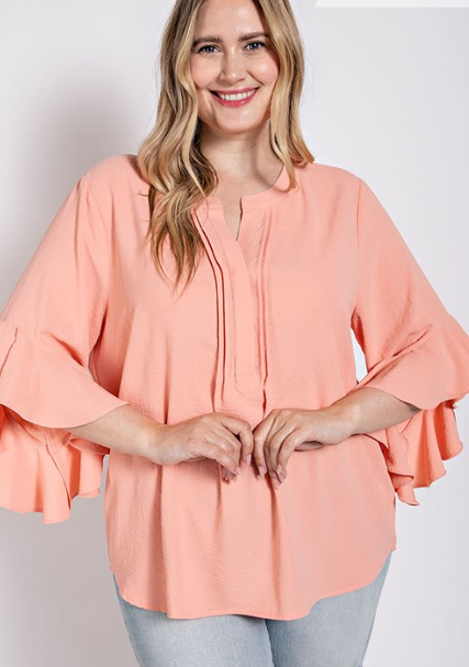 Gigio Ruffled Bell sleeve front pleated detail top