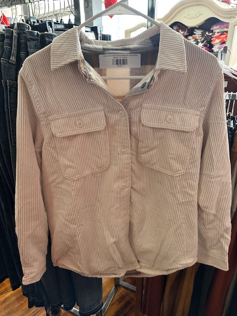 Corduroy And Plaid Flannel Shacket W Chest Pockets