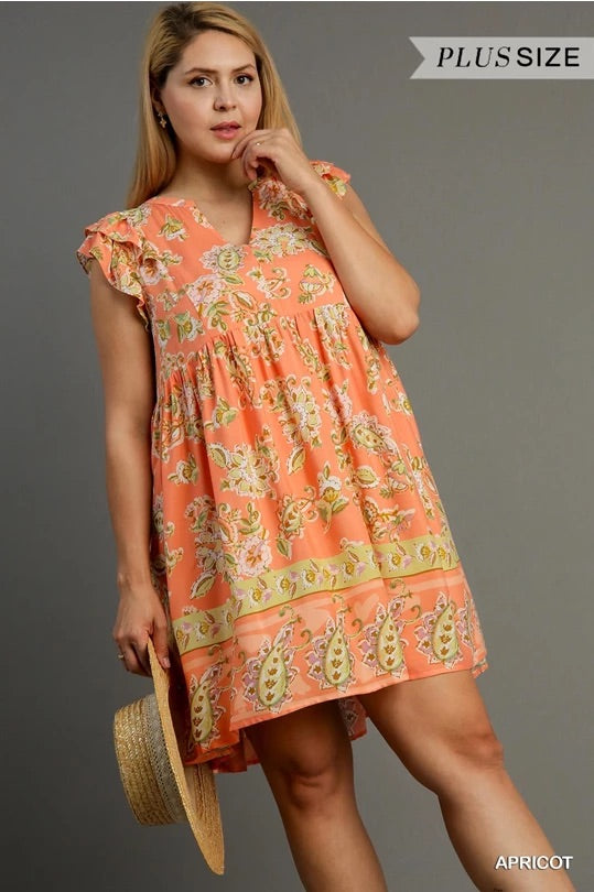 Umgee Floral A Line Paisley Print Dress with Ruffle Sleeves