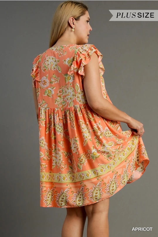 Umgee Floral A Line Paisley Print Dress with Ruffle Sleeves