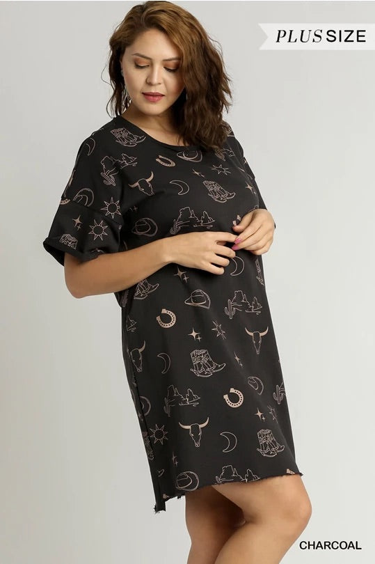 French Terry Round Neck Dress with Graphics Hem