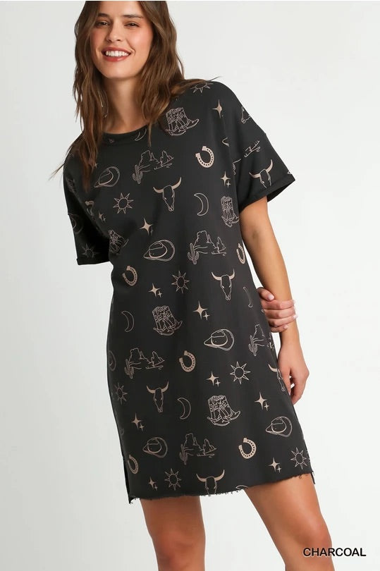 French Terry Round Neck Dress with Graphics Hem