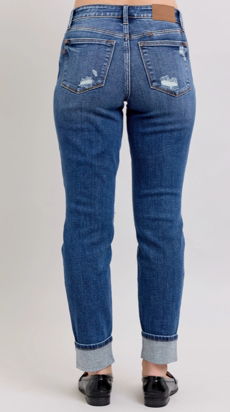 Judy Blue Yoke Pk & Faux Selvedge Cuff Boyfriend w/ Destroy