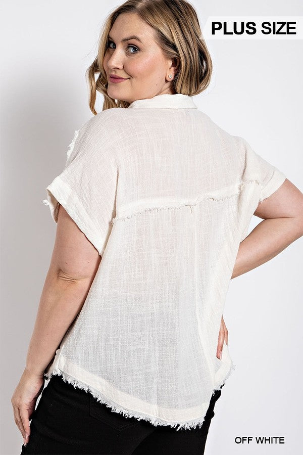 Raw Edge and Dolman Sleeve Popover Top with Front Pocket and Half Button Down
