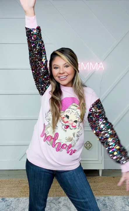 Santa on Pink Sweatshirt with Sequin Sleeves