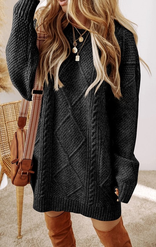 Cable Knit Drop Shoulder Loose Fit Sweater Dress