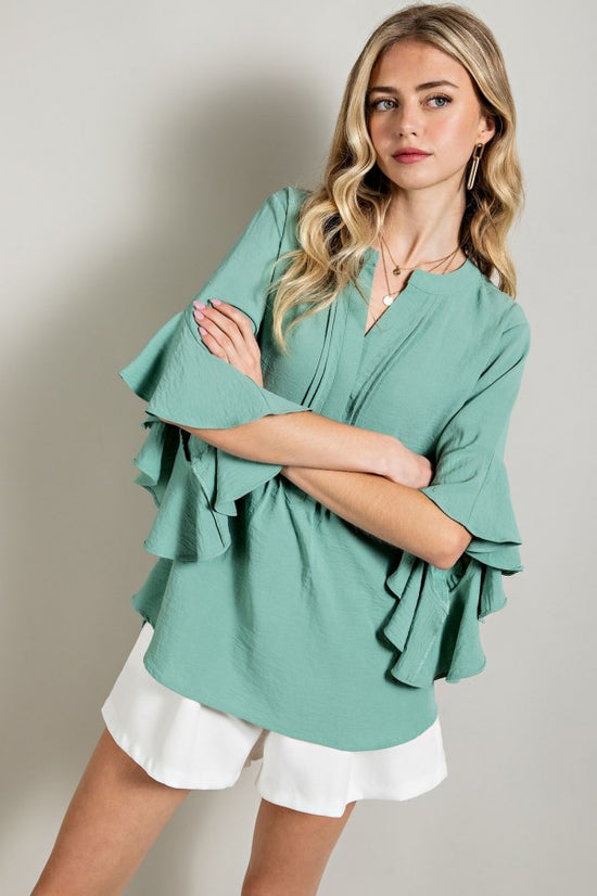 Ruffled Bell Sleeve and Front Pleated Detail Top