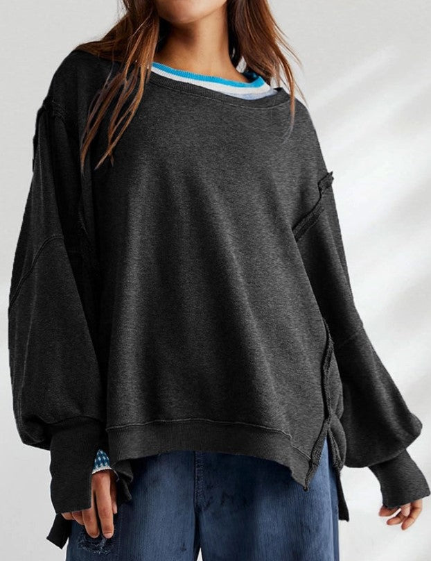 Fringed Solid Color Loose Long Sleeve Sweater