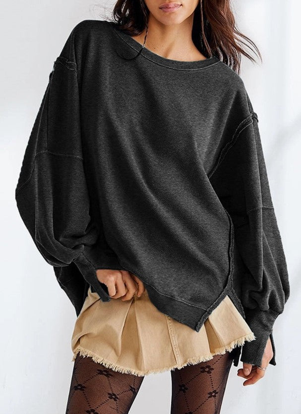 Fringed Solid Color Loose Long Sleeve Sweater