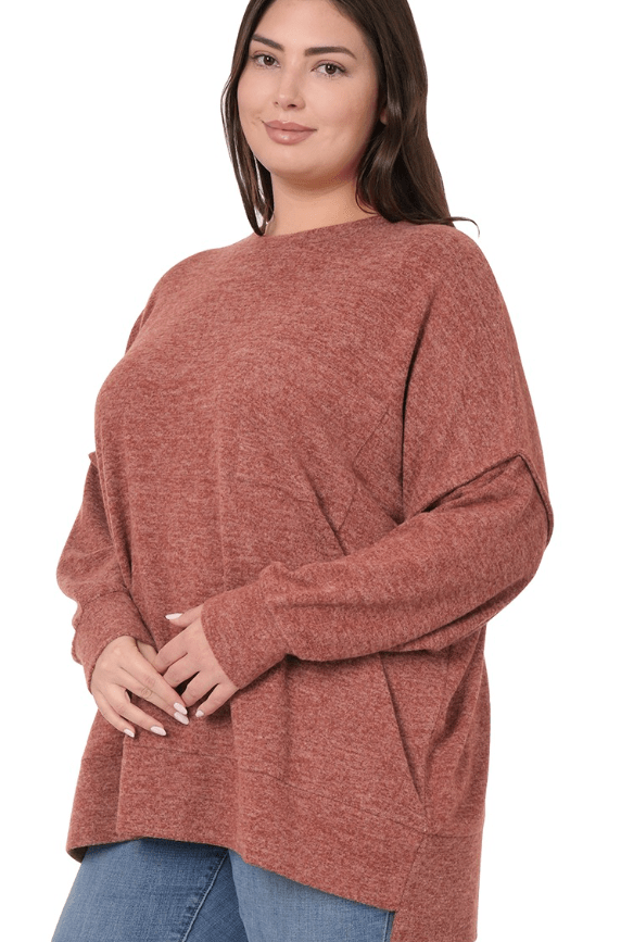 Zenana V Neck Sweatshirt Tunic OVERSIZED Long Pockets Burgundy