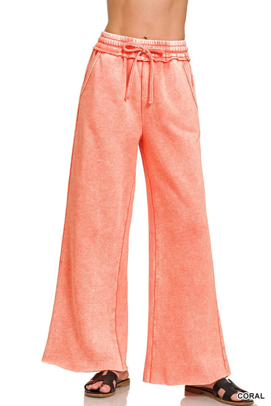 Zenana Acid Wash Fleece Palazzo Sweatpants