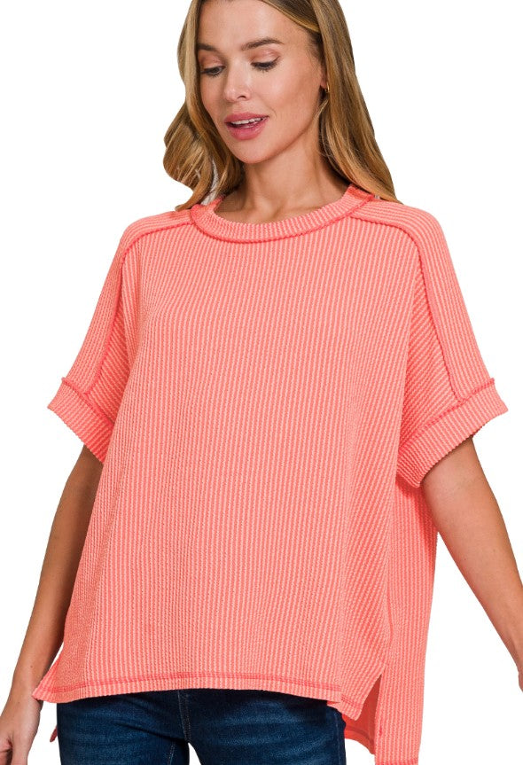 Zenana Corded rib cuff sleeve raw edge top