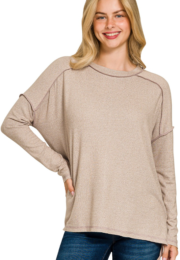 Zenana Soft Melange Hacci Exposed Seam Hi-low Tee