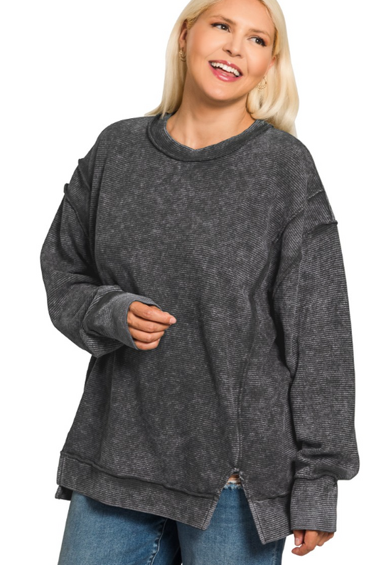 Zenana Plus Acid Washed Double Ribbed Expsd-seam Pullover