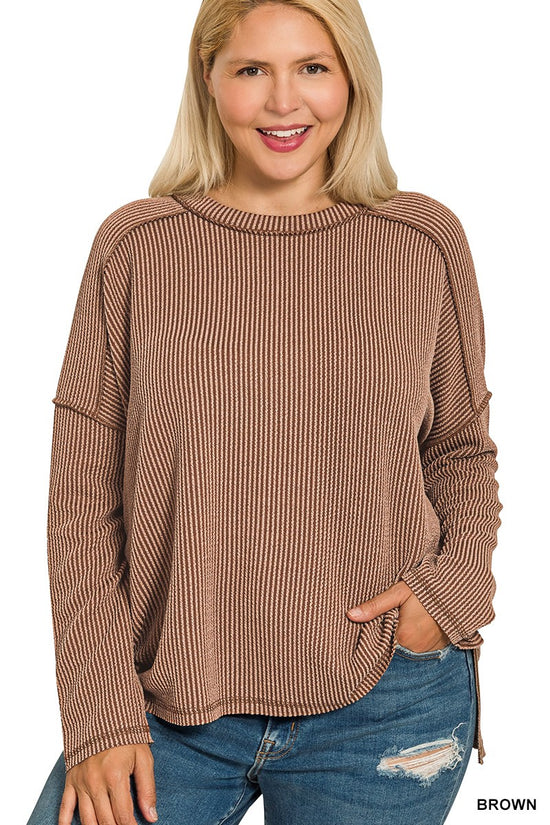 Zenana Plus Raised Rib Raw Edge Boat Neck Long Sleeve Top