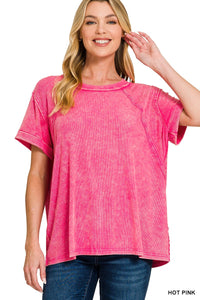 Zenana Washed Ribbed Cuffed Short Sleeve Round Neck Top