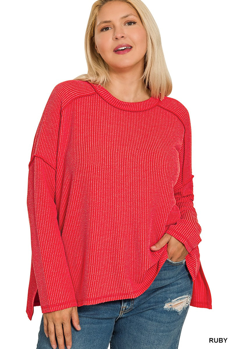 Zenana Plus Raised Rib Raw Edge Boat Neck Long Sleeve Top
