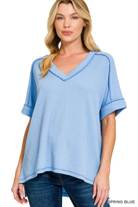 Zenana Raised Rib Short Sleeve Hi-low V Neck Top