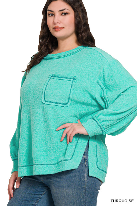 Zenana Brushed hacci hi-low round neck sweater