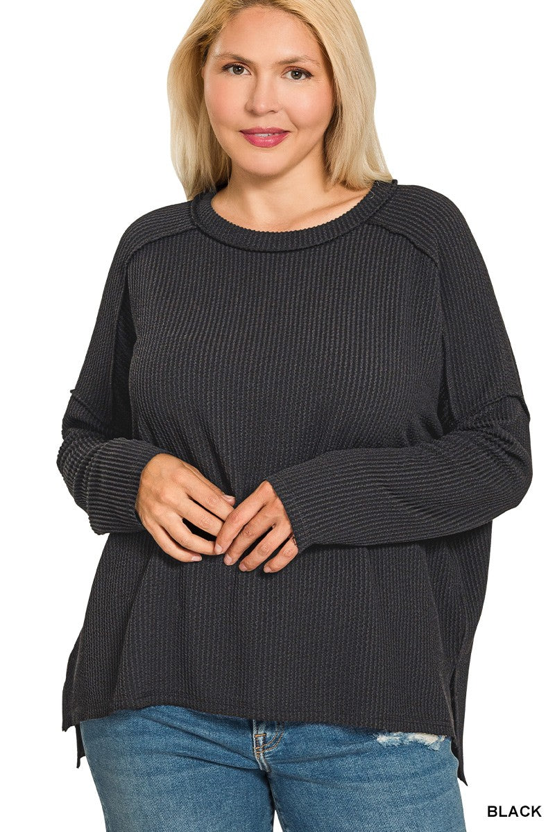 Zenana Plus Raised Rib Raw Edge Boat Neck Long Sleeve Top