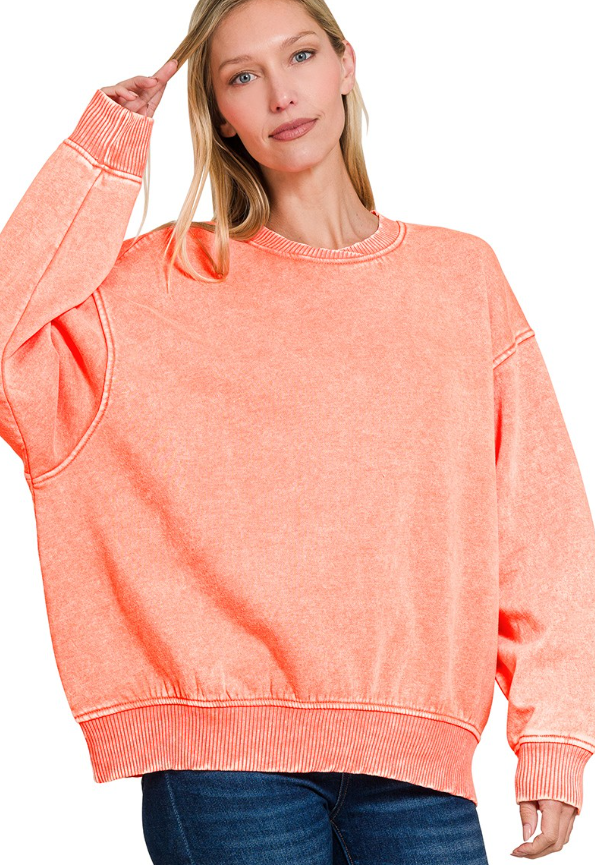 Zenana Acid Wash Oversized Fleece Pullover