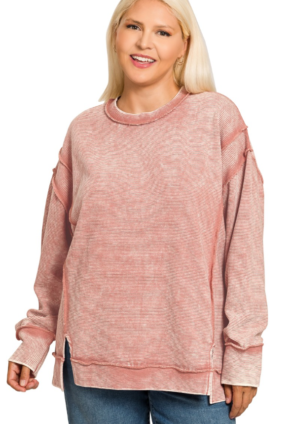 Zenana Plus Acid Washed Double Ribbed Expsd-seam Pullover