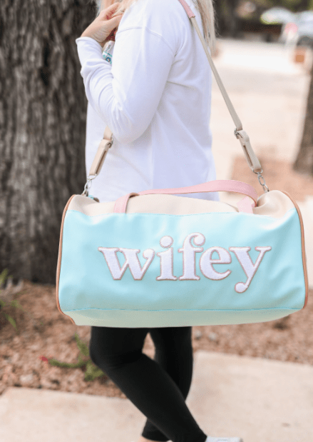 Load image into Gallery viewer, Duffle Bag - Wifey (modern cream-blue) Shop on Main Street

