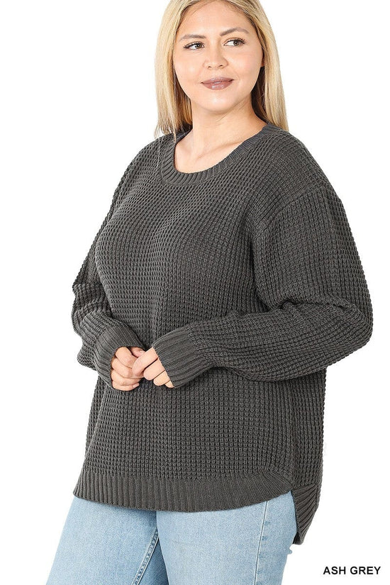 Load image into Gallery viewer, PLUS HI-LOW LONG SLEEVE ROUND NECK WAFFLE SWEATER Zenana
