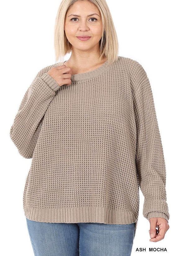 Load image into Gallery viewer, PLUS HI-LOW LONG SLEEVE ROUND NECK WAFFLE SWEATER Zenana
